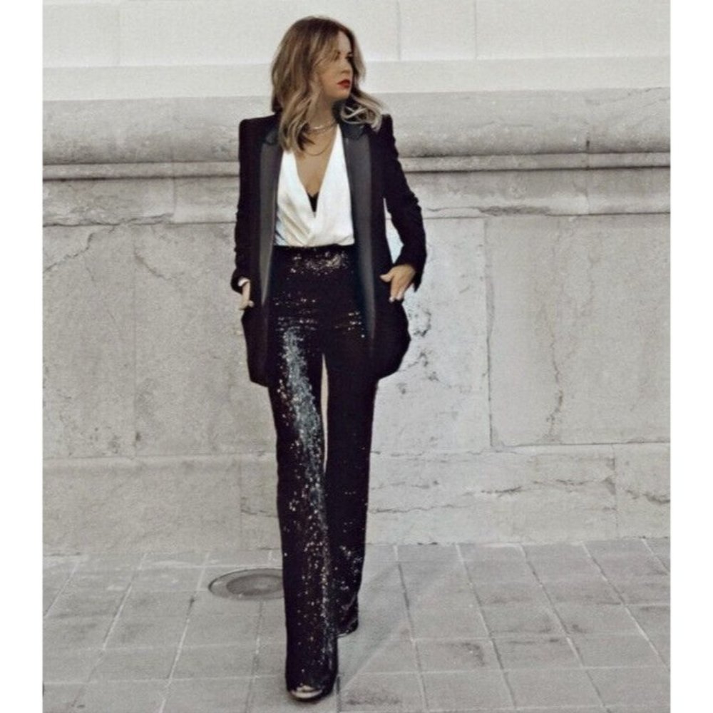 Zara Black and Silver Sequin Wide Leg Pants